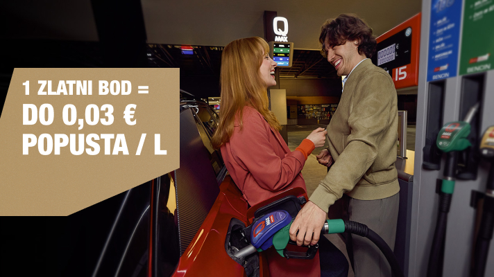 Žena i muškarac nasmijani na benzinskoj postaji dok toče gorivo, uz natpis: 1 Zlatni bod = do 0,03 € popusta po litri.