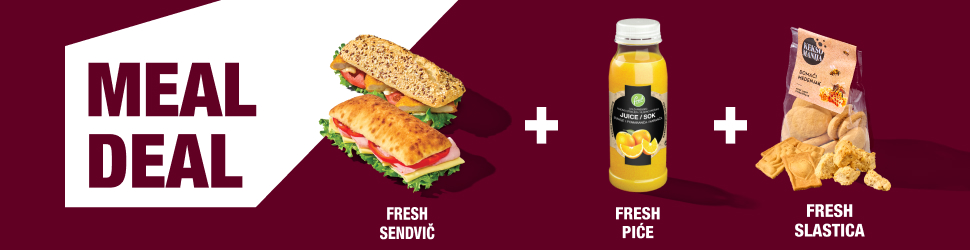 Reklama za Meal Deal: svježi sendvič, svježe piće u bočici i svježa slastica, uz natpis Meal Deal.