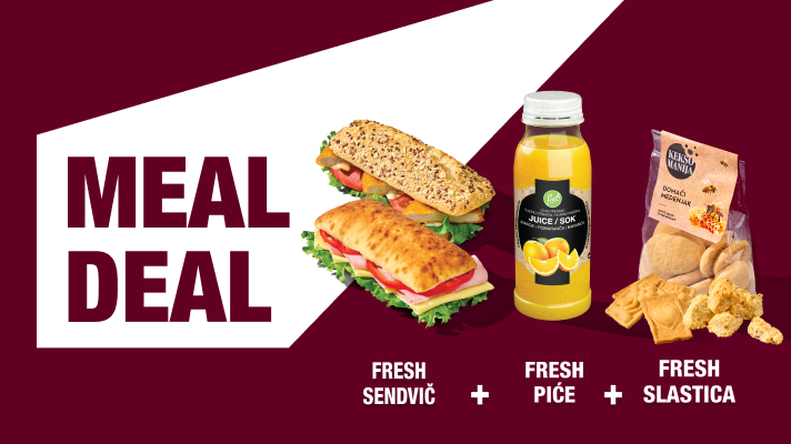 Reklama za Meal Deal: svježi sendvič, svježe piće u bočici i svježa slastica, uz natpis Meal Deal.