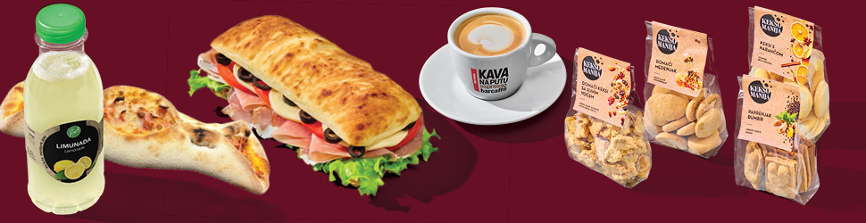 Na slici su prikazani proizvodi: boca limunade, pecivo s punjenjem, sendvič s pršutom i sirom, šalica kave s natpisom "Kava na putu" te tri pakiranja keksa Keksi Manufaktura u različitim okusima. kava Na putu, keksi Keksomanija