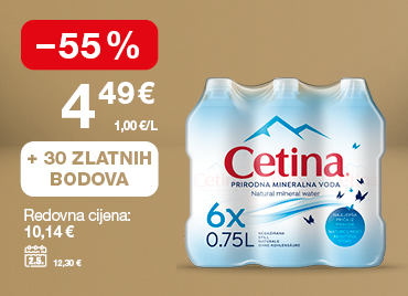 Na slici je prirodna mineralna voda Cetina, pakiranje 6 × 0,75 L. Redovna cijena iznosi 10,14 €, a uz 30 Zlatnih bodova cijena je niža za 55%, odnosno iznosi 4,49 € (1,00 €/L). Cijena na dan 2. 5. iznosila je 12,30 €.