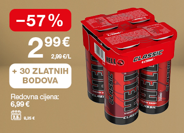 Na slici je energetsko piće Hell Classic, pakiranje 4 × 0,25 L. Redovna cijena iznosi 6,99 €, a uz 30 Zlatnih bodova cijena je niža za 57 %, odnosno iznosi 2,99 € (2,99 €/L). Cijena na dan 2. 5. iznosila je 9,35 €.