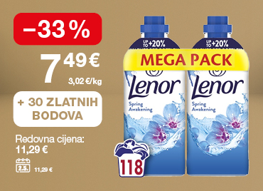 Na slici je omekšivač za rublje Lenor Spring Awakening Mega Pack. Redovna cijena iznosi 11,29 €, a uz 30 Zlatnih bodova cijena je niža za 33%, odnosno iznosi 7,49 € (3,02 €/kg). Cijena na dan 2. 5. iznosila je 11,29 €.