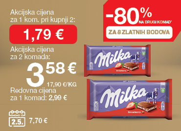 Na slici je čokolada Milka Strawberry. Redovna cijena za jedan komad iznosi 2,99 €, a uz 8 Zlatnih bodova na drugi komad ostvaruje se popust od 80%. Akcijska cijena za jedan komad pri kupnji dva iznosi 1,79 €, dok je ukupna cijena za dva komada 3,58 € (17,90 €/kg). Cijena na dan 2. 5. iznosila je 7,70 €.