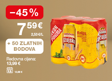 Na slici je pivo Ožujsko, pakiranje 6 × 0,5 L. Redovna cijena iznosi 13,99 €, a uz 50 Zlatnih bodova cijena je niža za 45%, odnosno iznosi 7,59 € (2,53 €/L). Cijena na dan 2. 5. iznosila je 13,99 €.