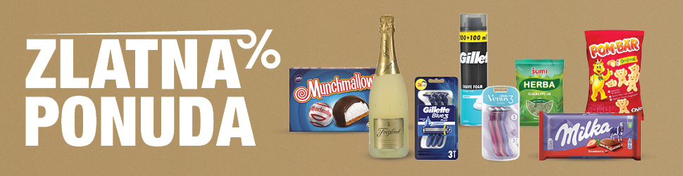 U sklopu promotivne akcije Zlatna ponuda na slici su proizvodi: Munchmallow, pjenušavo vino Freixenet, britvice i pjena za brijanje Gillette, ženske britvice Venus, bomboni Šumi Herba, slani snack Pom-Bär te čokolada Milka.