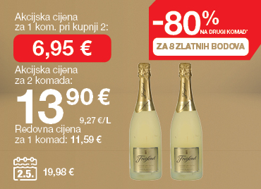 Na slici je pjenušavo vino Freixenet. Redovna cijena za jednu bocu iznosi 11,59 €, a uz 8 Zlatnih bodova na drugu bocu ostvaruje se popust od 80%. Akcijska cijena za jednu bocu pri kupnji dvije iznosi 6,95 €, dok je ukupna cijena za dvije boce 13,90 € (9,27 €/L). Cijena na dan 2. 5. iznosila je 19,98 €.