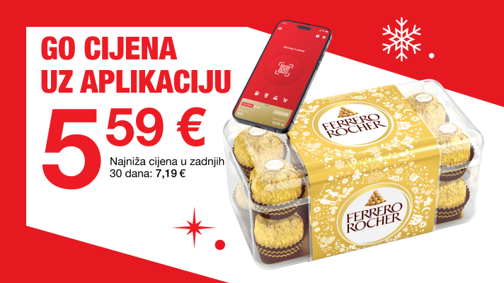 Na slici je oglas s crvenom pozadinom na kojem je ispisan tekst “GO CIJENA UZ APLIKACIJU 5,59 €”. Uz cijenu je navedeno i “Najniža cijena u zadnjih 30 dana: 7,19 €”. Na desnoj strani prikazani su mobilni telefon s otvorenom aplikacijom te kutija Ferrero Rocher u zlatnom pakiranju. Oko elemenata nalaze se i mali blagdanski ukrasi u obliku pahulja i zvjezdica.