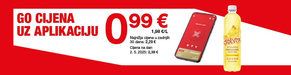 Promotivni banner s crvenom pozadinom prikazuje GO cijenu goriva uz aplikaciju: 0,99 € po litri, uz napomenu o najnižoj cijeni u posljednjih 30 dana, prikazan je pametni telefon s aplikacijom i boca napitka Cedevita.