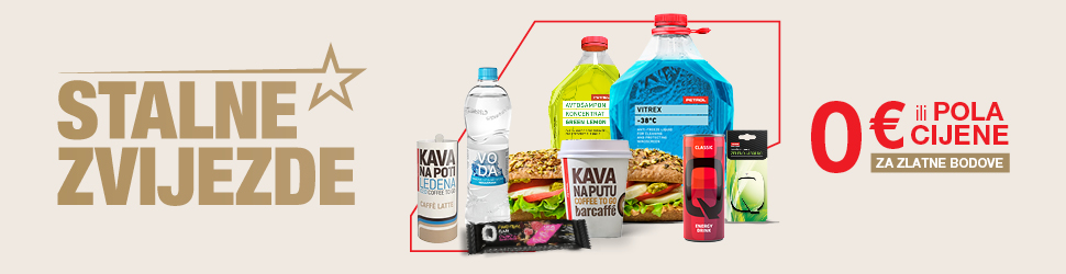 Na slici je natpis Stalne zvijezde te izbor Petrol proizvoda: kava Kava na poti, voda, sendviči, energetsko piće, keksi i proizvodi za vozilo s oznakom 0 € ili pola cijene za zlatne bodove.