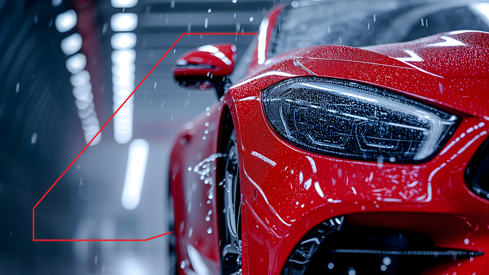 Na slici je crveni automobil tijekom pranja u autopraonici s vidljivim kapljicama vode na karoseriji.