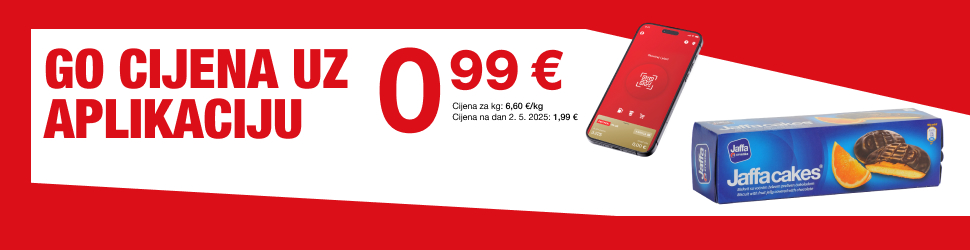 Na slici je oglas s crvenom i bijelom pozadinom na kojem je ispisan tekst “GO CIJENA UZ APLIKACIJU 0,99 €”. Uz cijenu je navedeno i “Cijena za kg: 6,60 €/kg; Cijena na dan 2. 5. 2025.: 1,99 €”. Na desnoj strani prikazani su mobilni telefon s otvorenom aplikacijom te kutija Jaffa cakes classic 150 g u plavom pakiranju.