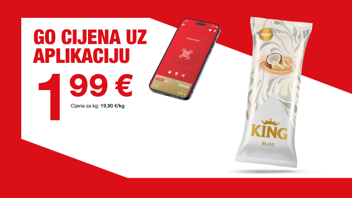 Na slici je oglas s crvenom i bijelom pozadinom na kojem je ispisan tekst “GO CIJENA UZ APLIKACIJU 1,99 €”. Uz cijenu je navedeno i “Cijena za kg: 19,90 €/kg; Na desnoj strani prikazani su mobilni telefon s otvorenom aplikacijom te KING sladoled u bijelo zlatnom pakiranju.
