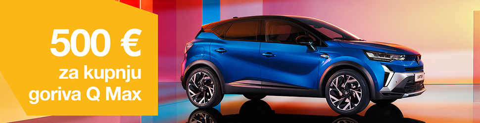 Promocijska grafika prikazuje moder osebni avtomobil Renault na barvitem ozadju z rožnatimi, oranžnimi in modrimi odtenki. Na levi strani je velik rumen grafični element z belim besedilom »500 € za kupnju goriva Q Max«. Vozilo je prikazano s strani, v ospredju, z vidnimi aluminijastimi platišči in sodobnim dizajnom.