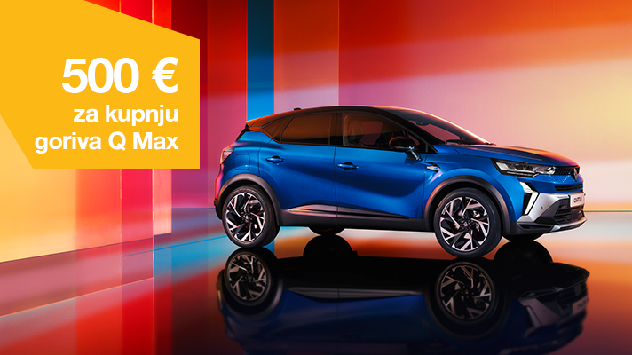 Promocijska grafika prikazuje moder osebni avtomobil Renault na barvitem ozadju z rožnatimi, oranžnimi in modrimi odtenki.