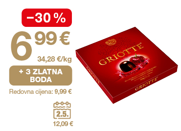 Na slici je ponuda za Griotte bombonijeru: cijena 6,99 €, popust od 30 %, 3 zlatna boda i redovna cijena 9,99 €.