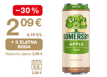 Na slici je ponuda za Somersby Apple cider: cijena 2,09 €, popust od 30 %, 3 zlatna boda i redovna cijena 2,99 €.
