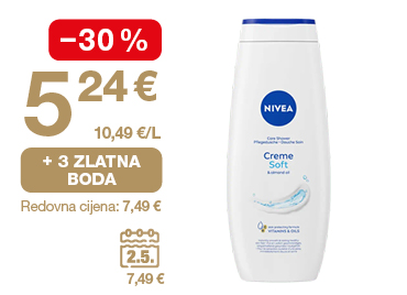 Na slici je ponuda za Nivea Creme Soft gel za tuširanje: cijena 5,24 €, popust od 30 %, 3 zlatna boda i redovna cijena 7,49 €.