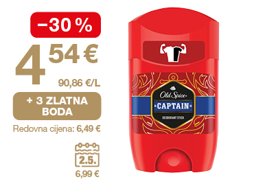 Na slici je ponuda za Old Spice dezodorans u stiku: cijena 4,54 €, popust od 30 %, 3 zlatna boda i redovna cijena 6,49 €.