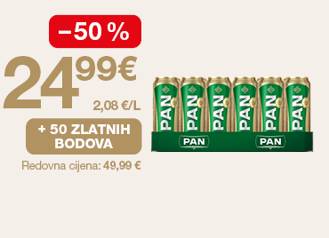 Na slici je ponuda za Pan pivo: cijena 24,99 €, popust od 50 %, 50 zlatnih bodova i redovna cijena 49,99 €.