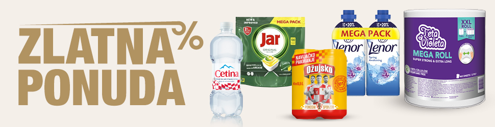 Na bannerju se nalazi natpis “Zlatna ponuda” te proizvodi Cetina, Jar, Ožujsko, Lenor i Teta Violeta.