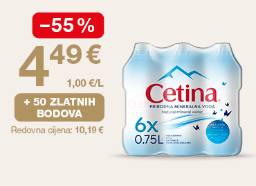 Na slici je pakiranje prirodne mineralne vode Cetina 6 × 0,75 L. Uz proizvod su prikazani akcijska cijena 4,49 €, popust od −55 %, mogućnost ostvarivanja 50 zlatnih bodova i redovna cijena 10,19 €.