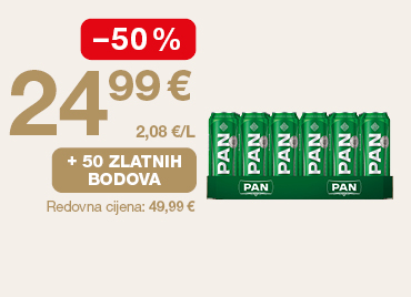 Na slici je pakiranje piva PAN. Uz proizvod su prikazani akcijska cijena 24,99 €, popust od −50 %, mogućnost ostvarivanja 50 zlatnih bodova i redovna cijena 49,99 €.