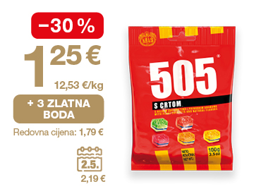 Na slici je pakiranje bombona 505 s crtom. Uz proizvod su prikazani akcijska cijena 1,25 €, popust od −30 %, mogućnost ostvarivanja 3 zlatna boda i redovna cijena 1,79 €.