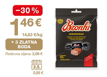 Na slici je pakiranje bombona Bonhi. Uz proizvod su prikazani akcijska cijena 1,46 €, popust od −30 %, mogućnost ostvarivanja 3 zlatna boda i redovna cijena 2,09 €.