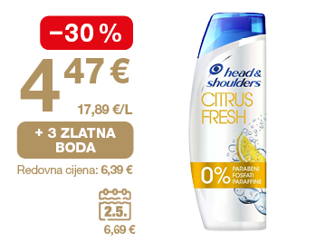Na slici je bočica šampona Head & Shoulders Citrus Fresh. Uz proizvod su prikazani akcijska cijena 4,47 €, popust od −30 %, mogućnost ostvarivanja 3 zlatna boda i redovna cijena 6,39 €.