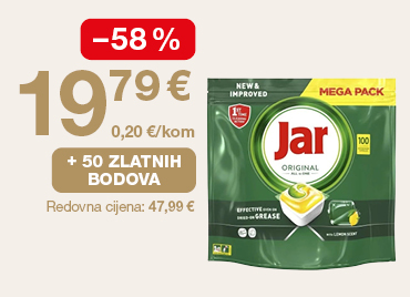 Na slici je pakiranje kapsula za perilicu posuđa Jar Original Mega Pack. Uz proizvod su prikazani podaci o akcijskoj cijeni 19,79 €, popustu od −58 %, mogućnosti ostvarivanja 50 zlatnih bodova te redovnoj cijeni 47,99 €.