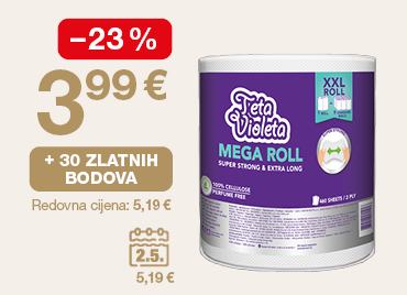 Na slici je pakiranje toaletnog papira Violeta Mega Roll. Uz proizvod su prikazani podaci o akcijskoj cijeni 3,99 €, popustu od −23 %, mogućnosti ostvarivanja 30 zlatnih bodova te redovnoj cijeni 5,19 €.