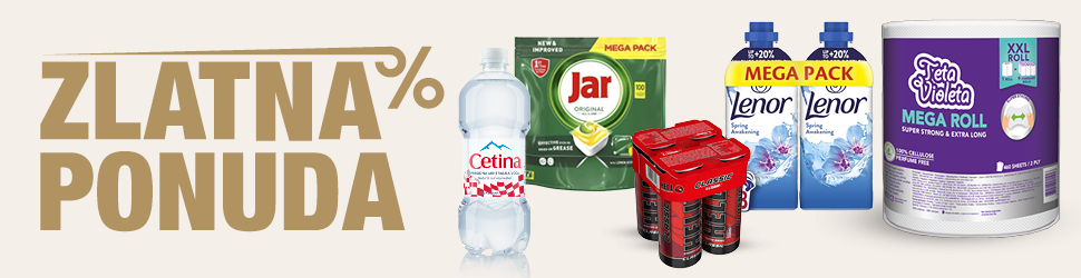 Na slici je promotivni banner s tekstom »ZLATNA PONUDA«. Prikazani su proizvodi Cetina prirodna mineralna voda, Jar Original, Hello Classic, Lenor Spring Awakening i Violeta Mega Roll."
