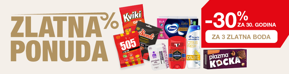 Na slici je promotivni banner s tekstom »ZLATNA PONUDA«, »-30 % ZA 30. GODINA« i »ZA 3 ZLATNA BODA«. Prikazani su proizvodi Kviki Gric, Zewa Softis, Bonhi, Melem Precious Oils, Old Spice Captain, Head & Shoulders Citrus Fresh i Plazma Kocka.