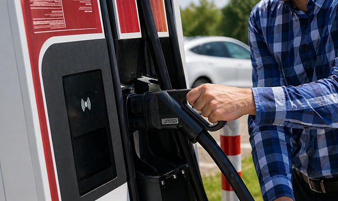 Osoba drži priključak za punjenje električnog vozila na Petrolovoj punionici, dok se u pozadini vidi parkirani automobil.