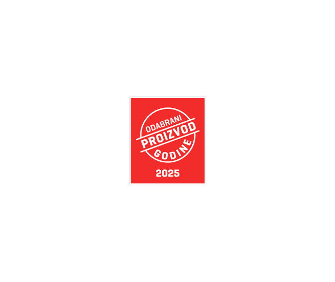 Crvena oznaka s natpisom »Odabrani proizvod godine 2025«.