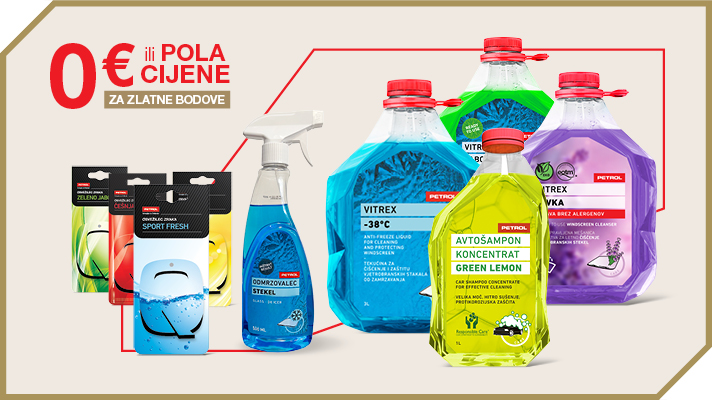 Na slici je izbor Petrol proizvoda za održavanje vozila: tekućine za pranje vjetrobranskog stakla, antifriz, koncentrat autošampona i osvježivači zraka s oznakom 0 € ili pola cijene za zlatne bodove.