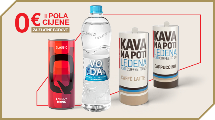 Na slici su energetsko piće, boca vode i ledena kava Kava na poti s oznakom 0 € ili pola cijene za zlatne bodove.