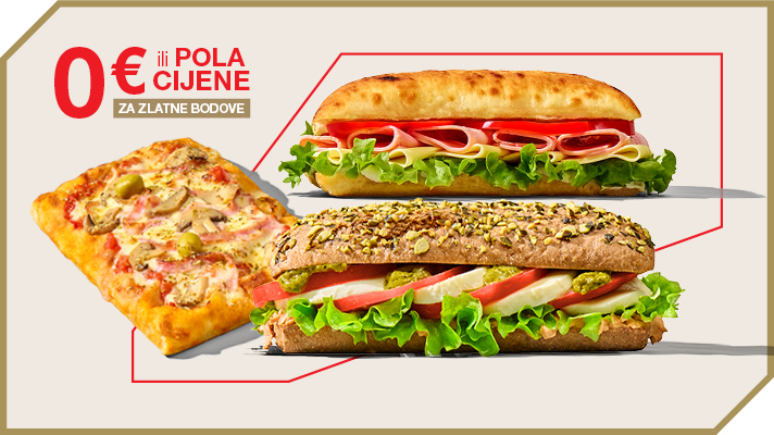 Na slici su sendviči i focaccia sa sirom, povrćem, mesnim narescima i salatom s oznakom 0 € ili pola cijene za zlatne bodove.